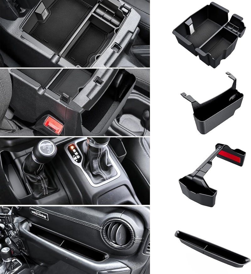 Eamplest 4PCS Center Console Organizer for 2018-2022 2023 Jeep Wrangler JL JLU and Gladiator JT Accessories Gear Shift Side Tray Organizer,Hanging Armrest Storage Box (Not for JK/JKU) - Image 1